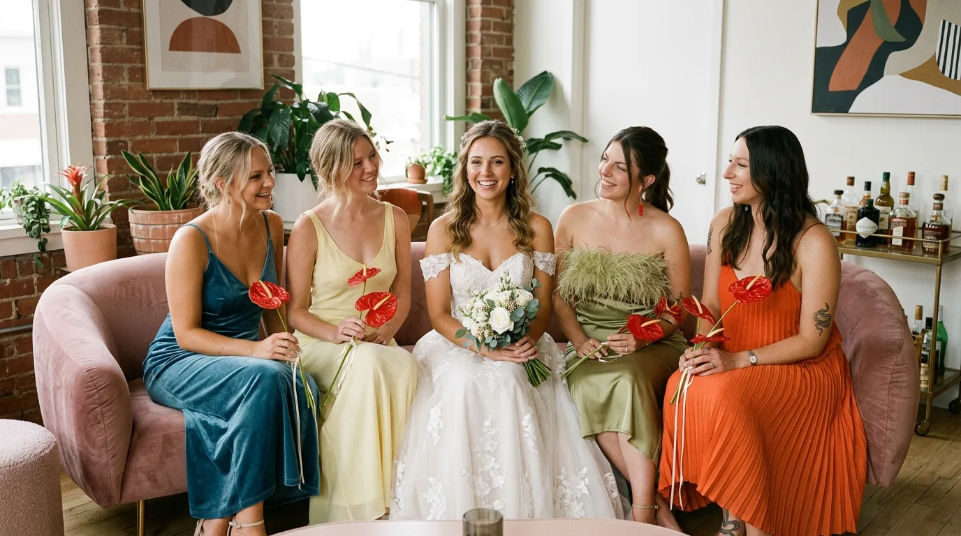 Bridesmaids with anthuriums